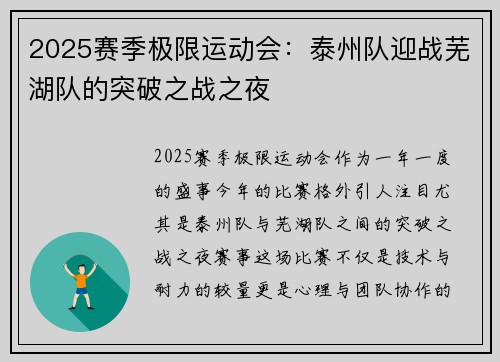 2025赛季极限运动会：泰州队迎战芜湖队的突破之战之夜