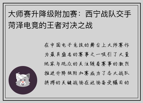 大师赛升降级附加赛：西宁战队交手菏泽电竞的王者对决之战