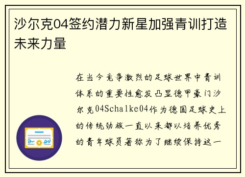 沙尔克04签约潜力新星加强青训打造未来力量
